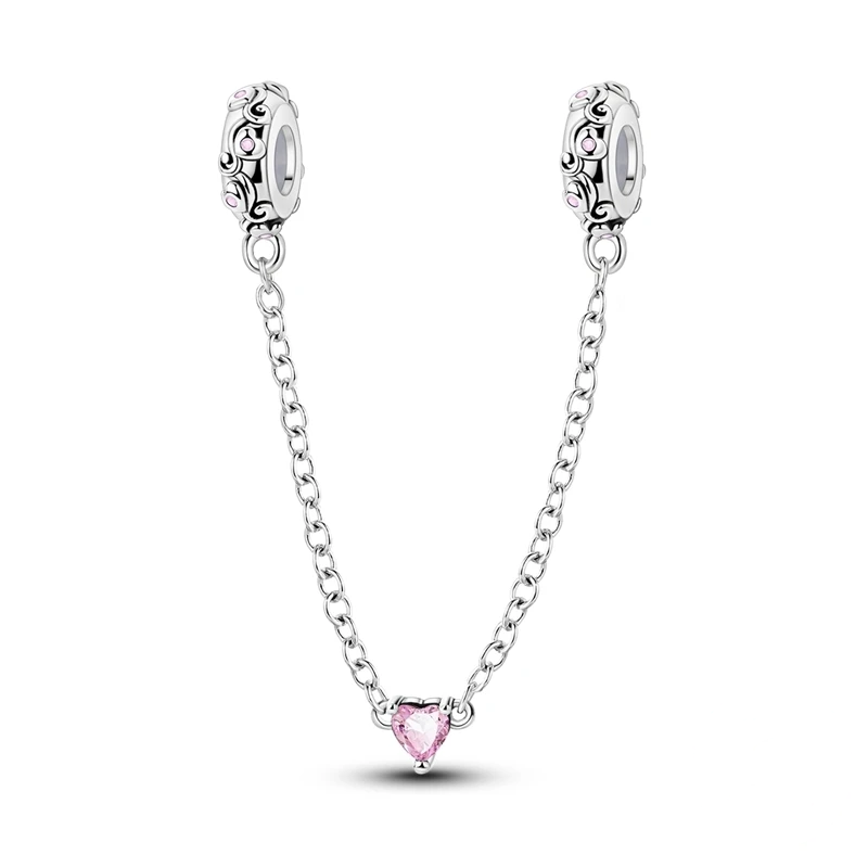 Pulseira de segurança em prata com coração rosa de zircónia ao centro da corrente