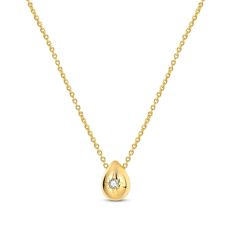Colar com pingente gota estrela em prata dourada com zircónia central.