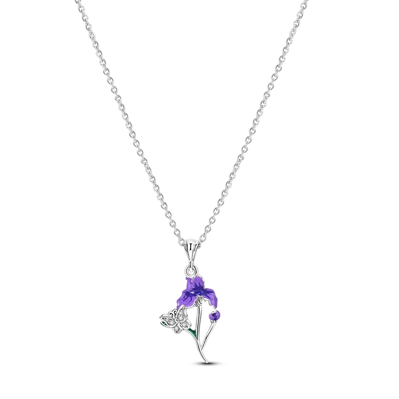 Colar em prata com borboleta cravejada de zircónia e flor de íris em esmalte roxo