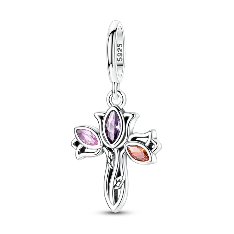 Berloque Cruz Floral em prata com zircónias coloridas e ramificações florais