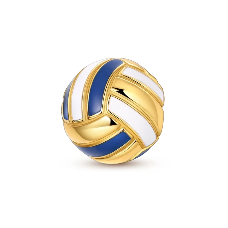 Charm em prata com esmalte azul e branco em forma de bola de voleibol, painéis curvos dourados.