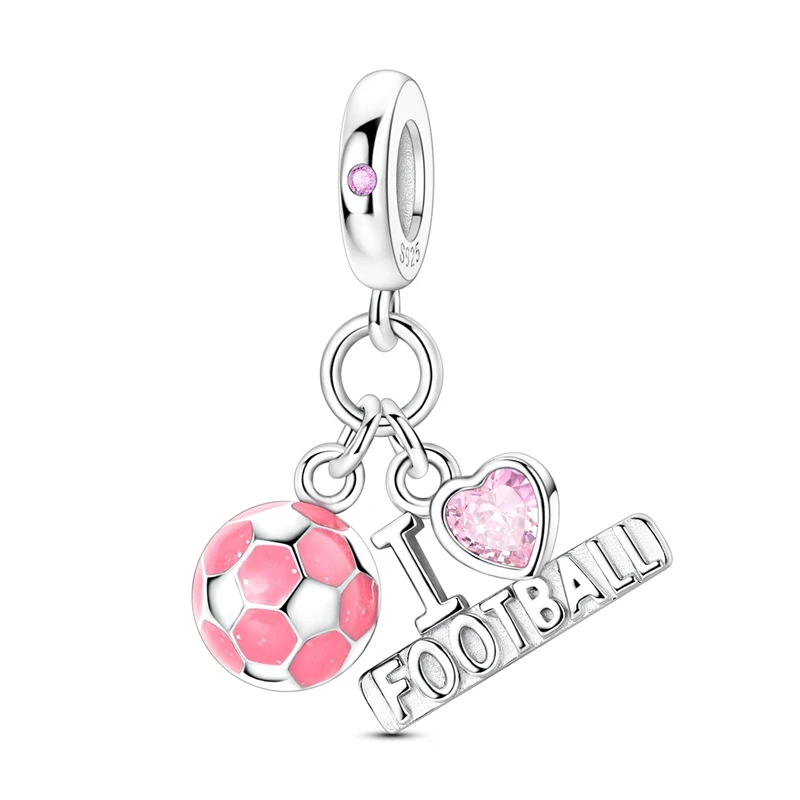 Berloque pendente de futebol em prata polida com bola em esmalte rosa, coração de zircónia rosa e placa I FOOTBALL