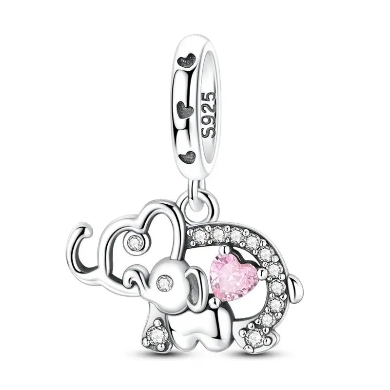Pingente em prata com elefante e coração cravejado de zircónia rosa