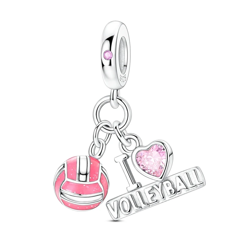 Pingente berloque prata com bola de vôlei esmaltada rosa e placa 'I coração VOLLEYBALL'.