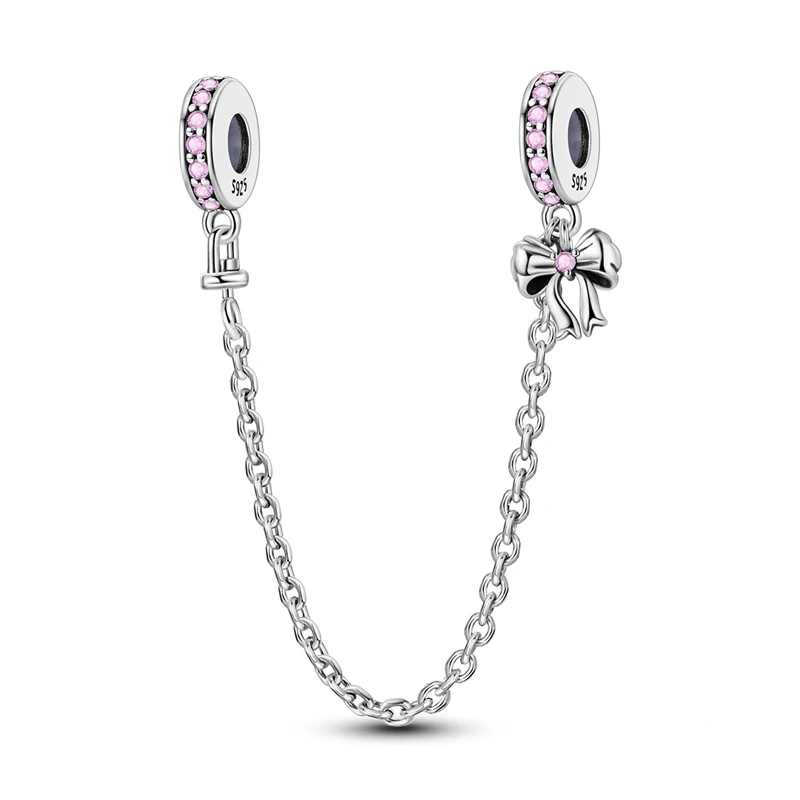 Pulseira de prata com berloque de laço de fita e zircónias rosa