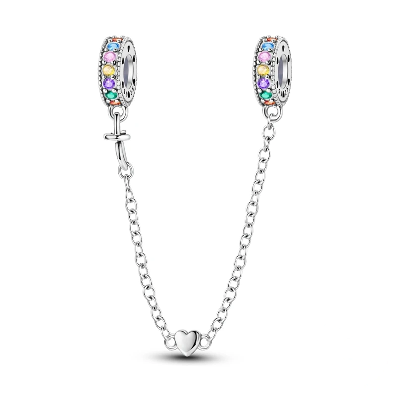 Corrente de segurança em prata com zircónias multicoloridas e pendente de coração