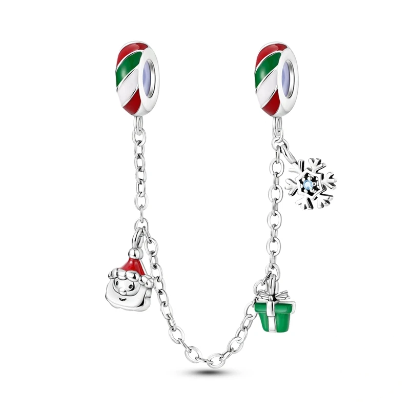Corrente de segurança em prata com amuletos de Papai Noel, floco de neve e caixa de presente em esmalte colorido.