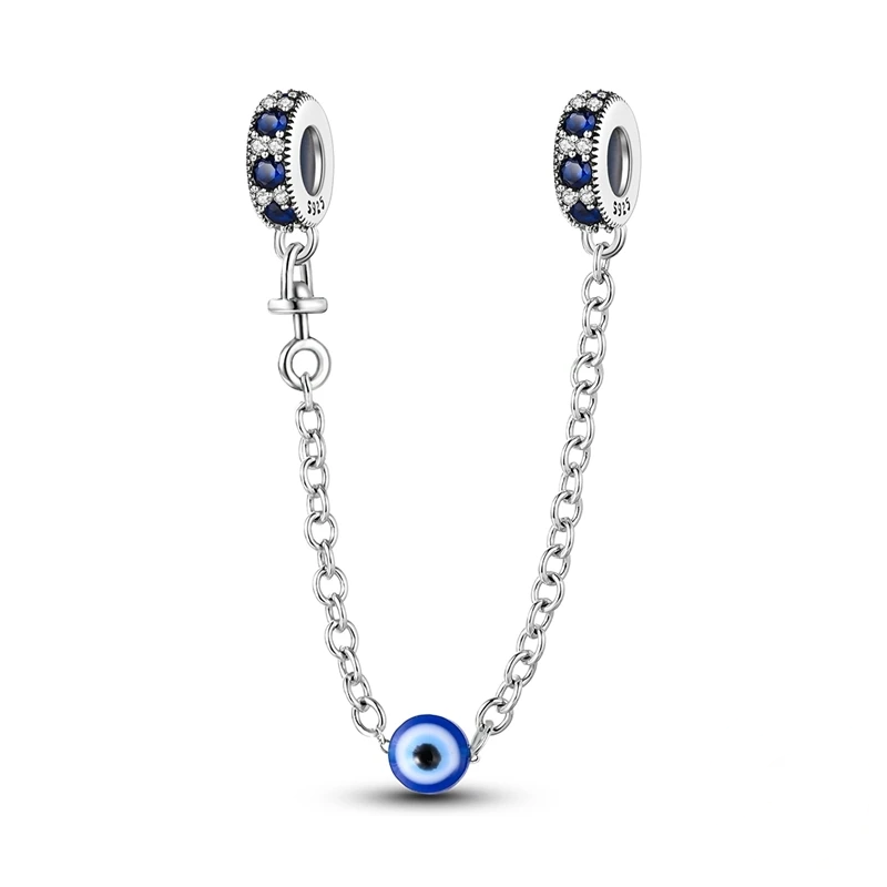Corrente de segurança em prata com berloque olho grego azul e zircónias.