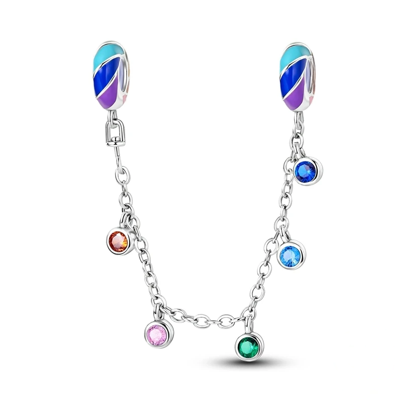Corrente de segurança para pulseira em prata com berloques geométricos e zircónias multicolor