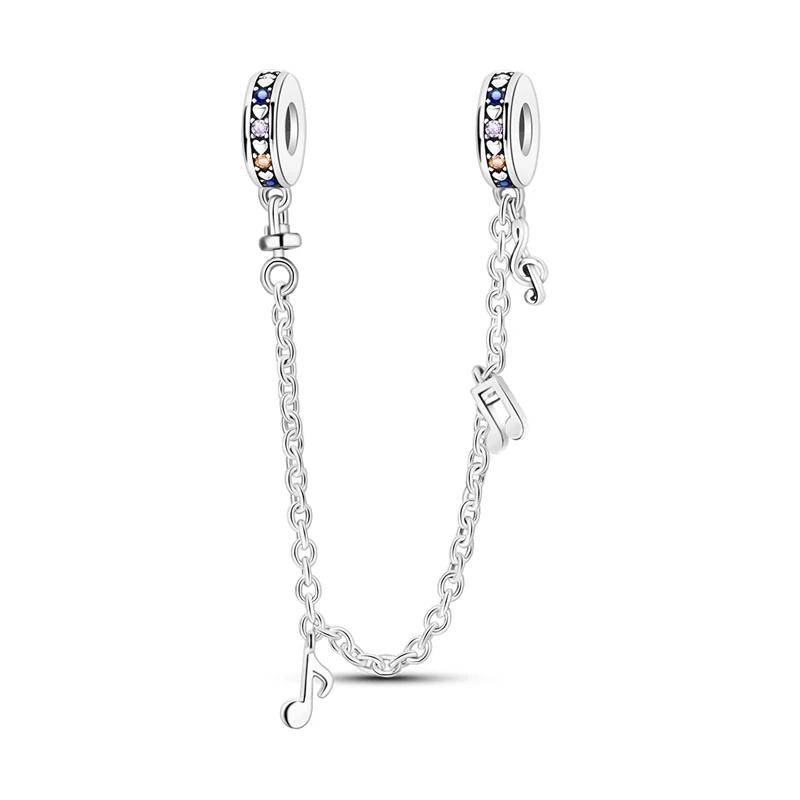Pulseira de segurança em prata com zircónias coloridas e notas musicais penduradas