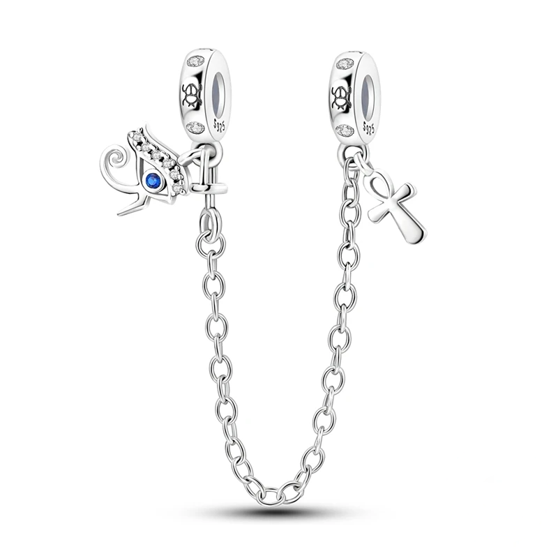 Corrente de segurança em prata com pendente Olho de Hórus e Cruz Ankh.