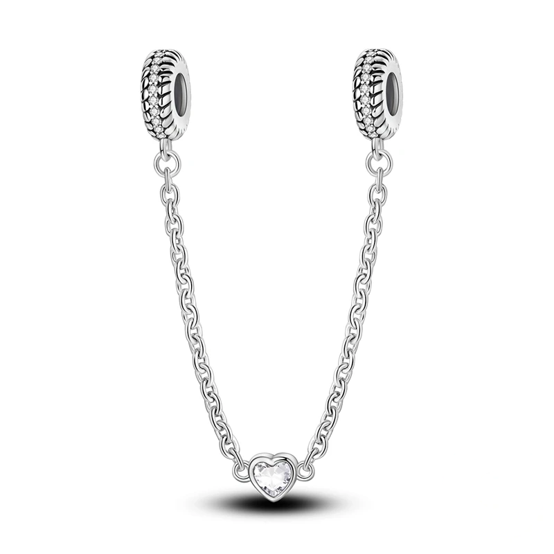Trava de segurança para pulseira em prata com zircónias e cristal em forma de coração