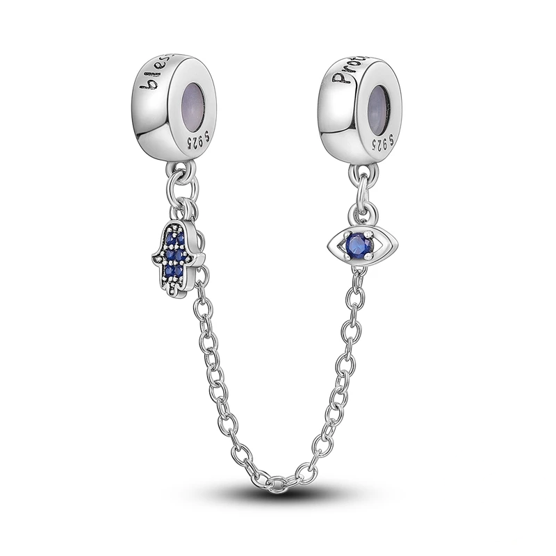 Pulseira de segurança em prata com pingentes Mão de Fátima e Olho Grego com zircónias azuis
