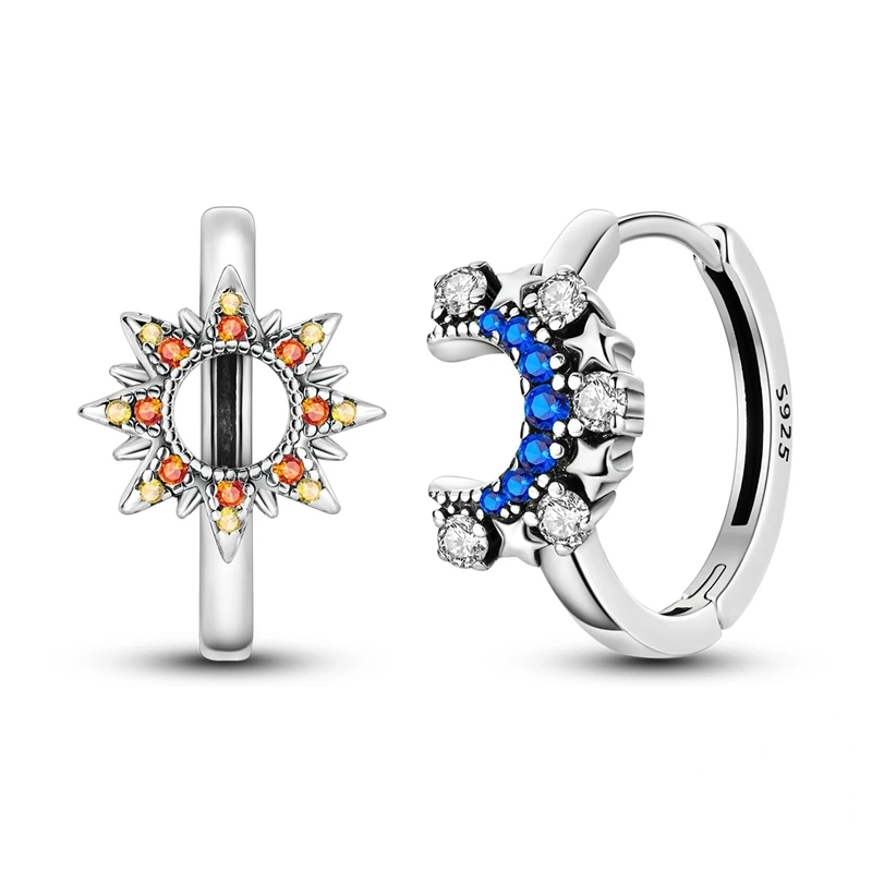Brincos de argola assimétricos em prata com motivo do Sol e da Lua Crescente cravejados de zircónias coloridas.