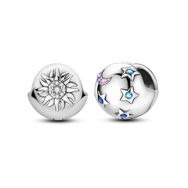 Brincos de prata com pendentes de sol, lua crescente e estrelas, com zircónias coloridas