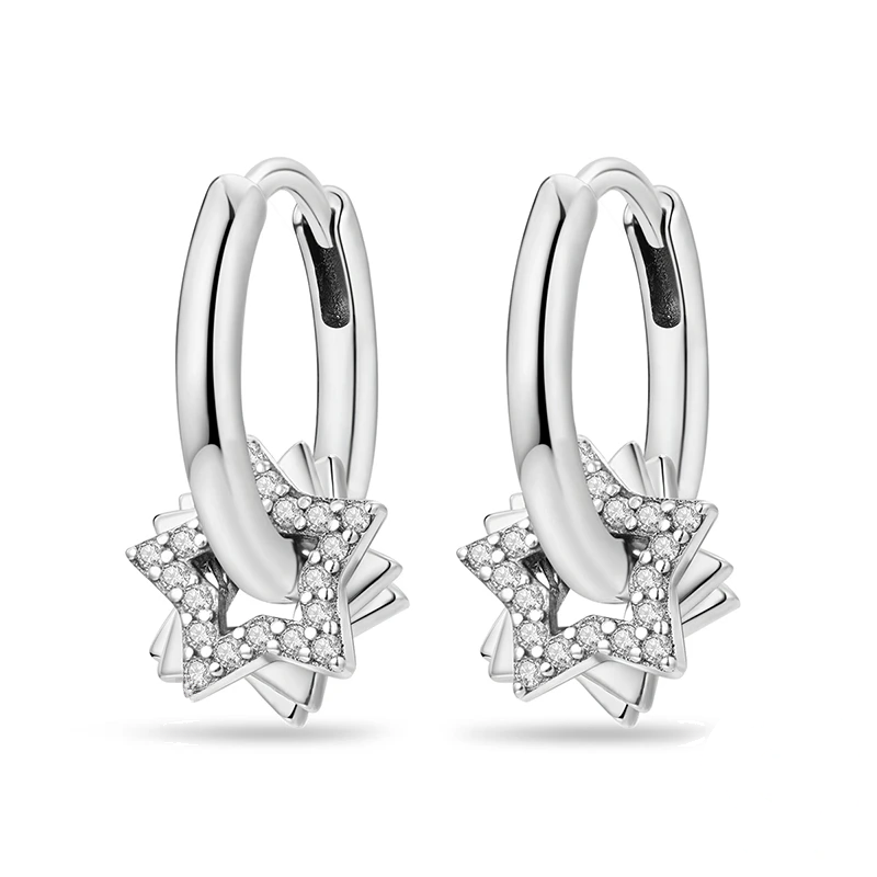 Brincos de argola em prata com pendente estrela cravejado de zircónias