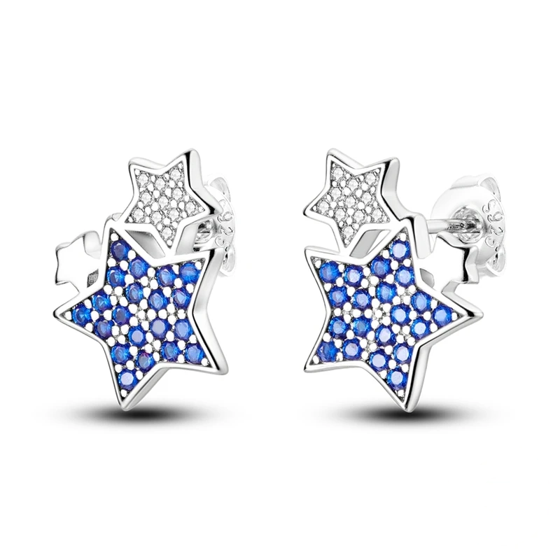 Brincos de tarracha em prata 925 com estrelas duplas cravejadas de zircónias azuis