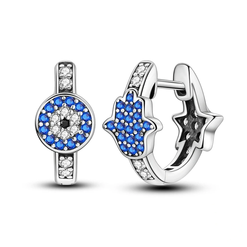 Brincos de argola em prata com Olho Grego e Mão de Fátima cravejados de zircónia azul