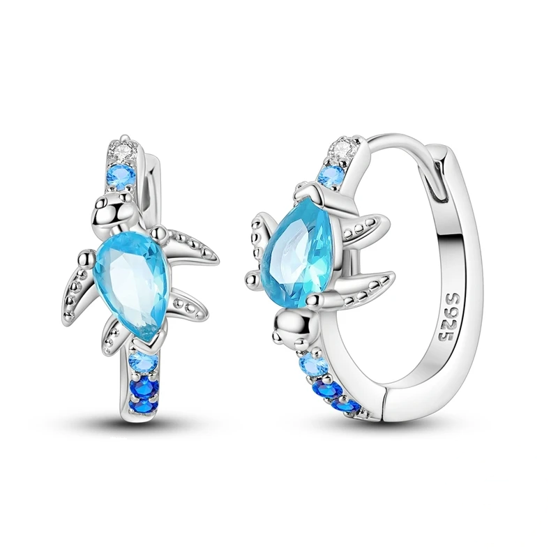 Brincos de argola em prata com tartaruga marinha de zircónia azul