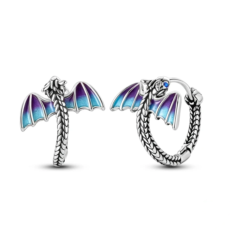 Brincos de argola com dragão alado em prata e esmalte azul e roxo