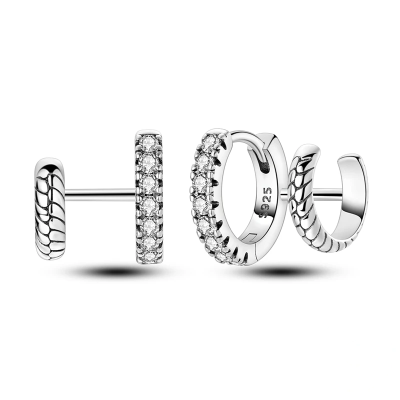 Brincos de argola dupla huggie em prata 925 com zircónias e textura entrançada, estilo geométrico