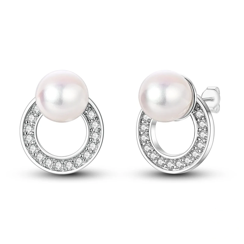 Brincos de pino em prata com pérola e aro circular cravado com zircónias transparentes.