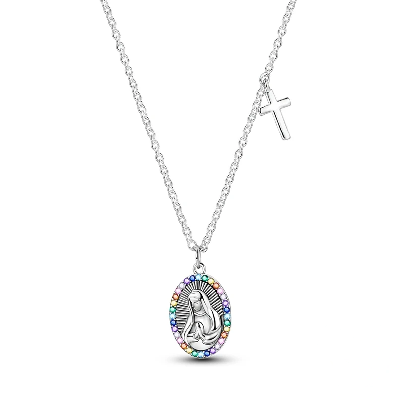 Colar de prata com medalha da Virgem Maria e pingente de cruz