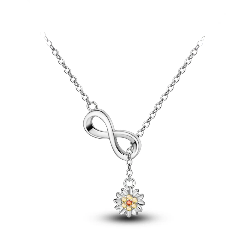 Colar em prata com pendente girassol e símbolo do infinito com zircónias amarelas