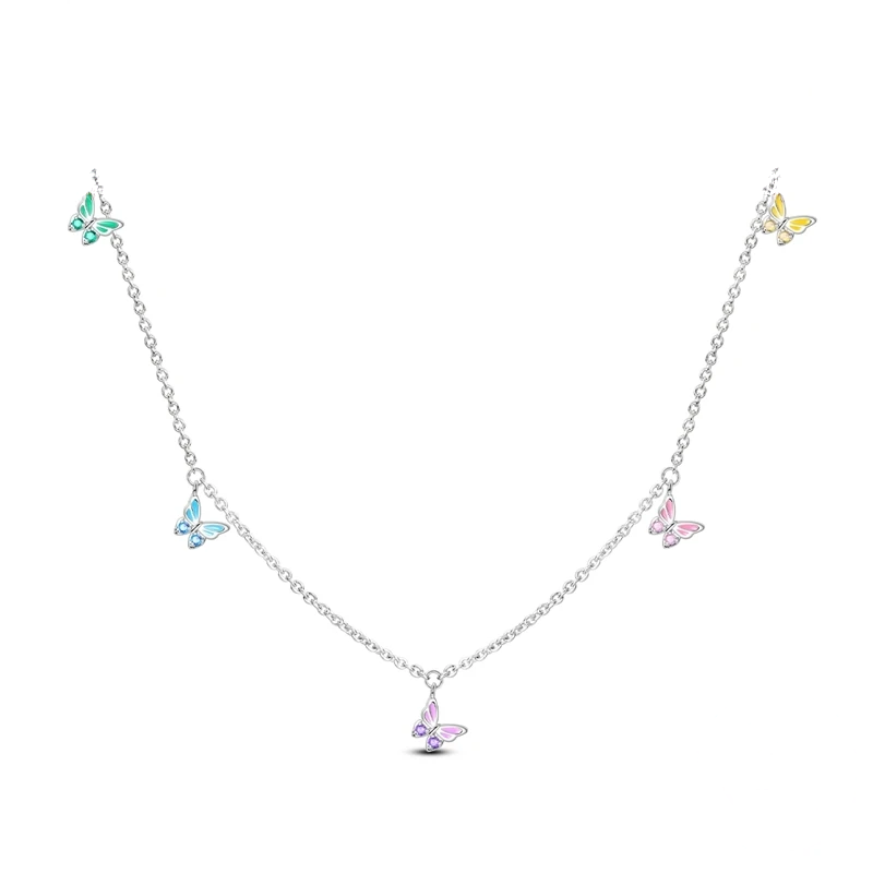 Colar de prata com cinco pingentes de borboleta em tons pastel e zircónias coloridas
