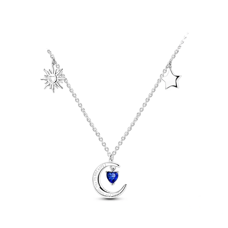 Colar de prata com pingente lua crescente e coração azul, sol e estrela.