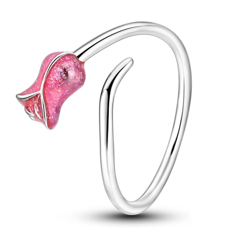 Anel ajustável em prata com ponteira em botão de rosa esmaltado rosa brilhante.