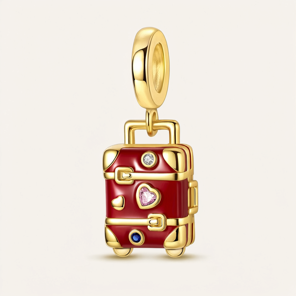 Pingente em prata com mala de viagem vintage vermelha e coração rosa em zircónia, detalhes dourados