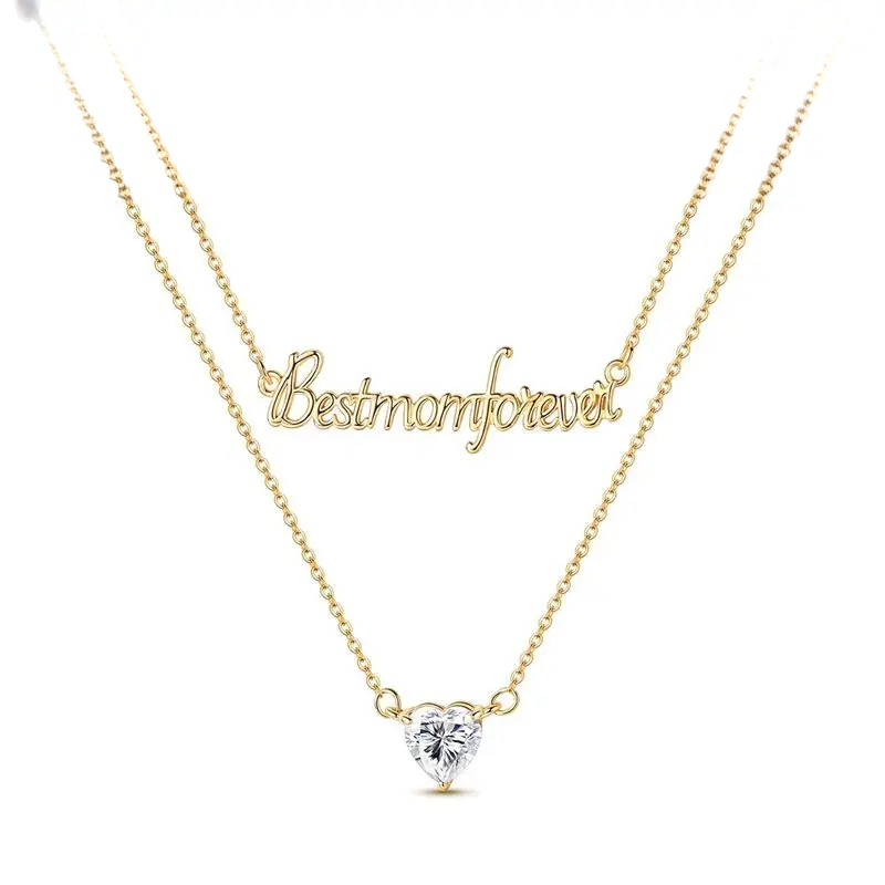 Colar em prata com texto em caligrafia Bestmomforever e pingente de coração em zircónia