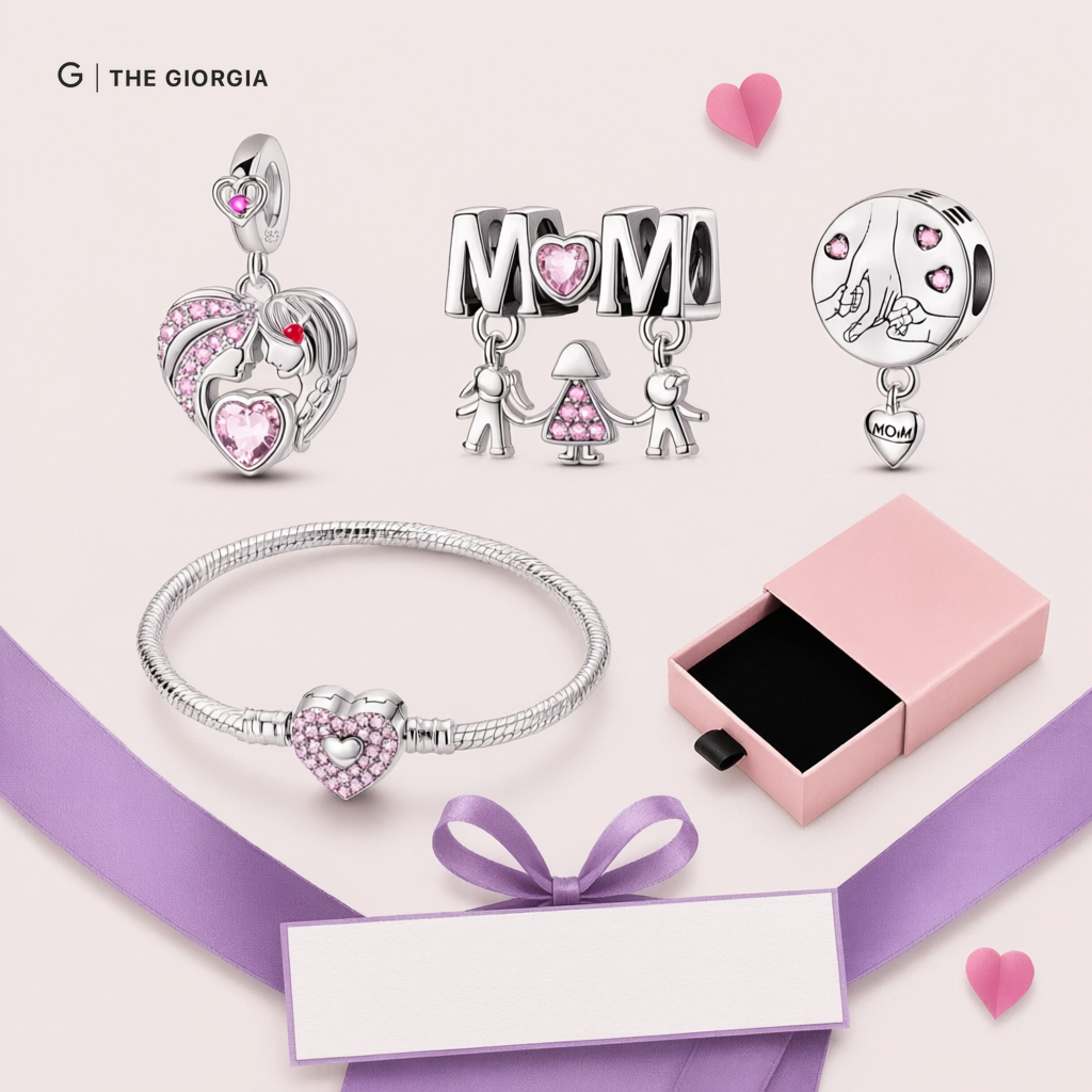 Pulseira de prata com berloques MOM, coração em zircónia rosa e inicial gravada