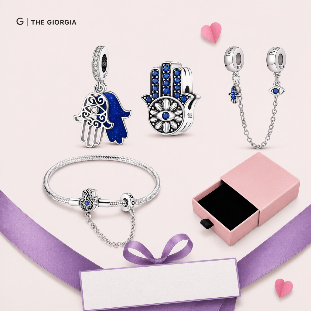 Pulseira de prata com berloques de Mão de Hamsa e Olho Grego com zircónia azul