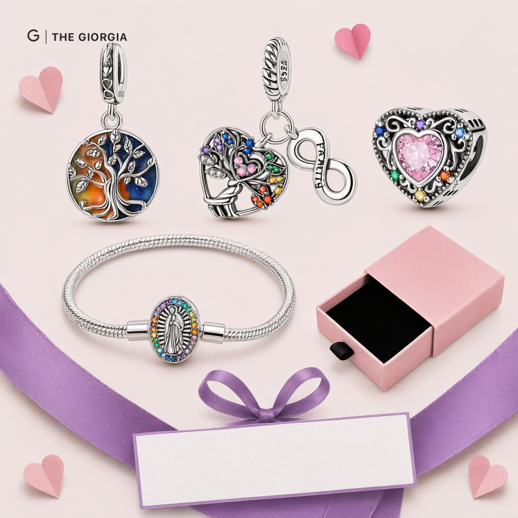 Pulseira de prata com fecho Nossa Senhora, berloques de Árvore da Vida, infinito e coração rendilhado com pedra rosa