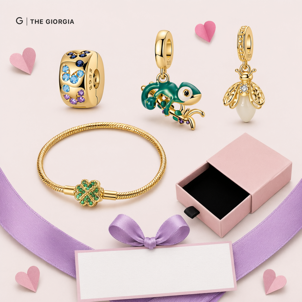 Conjunto de pulseira de prata com berloques de coração, estrelas e árvore da vida, com caixa oferta