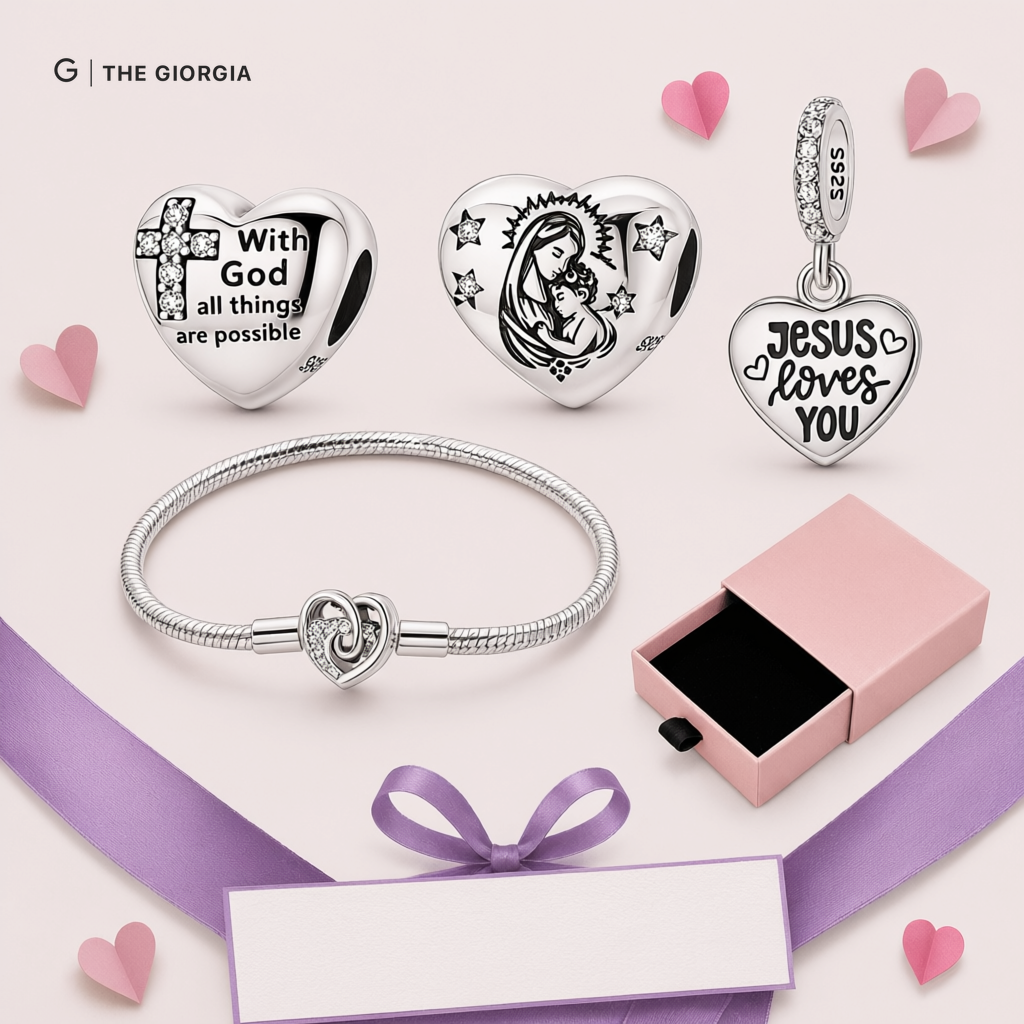 Pulseira prata com berloques de coração: Virgem Maria, cruz com zircónias e Jesus Loves You