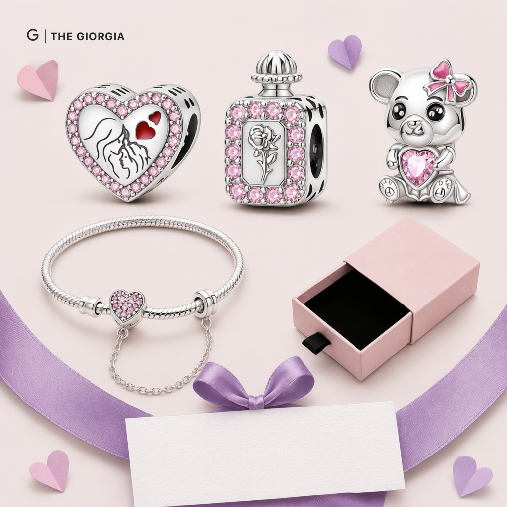 Pulseira de prata com berloques coração mãe e filho, ursinho e perfume – conjunto romântico.
