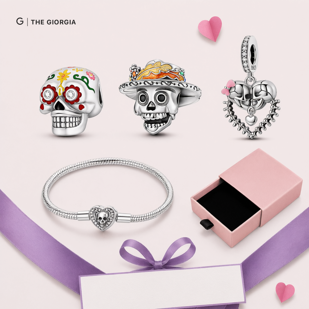 Pulseira de prata com berloques de caveira mexicana, catrina e coração de esqueletos