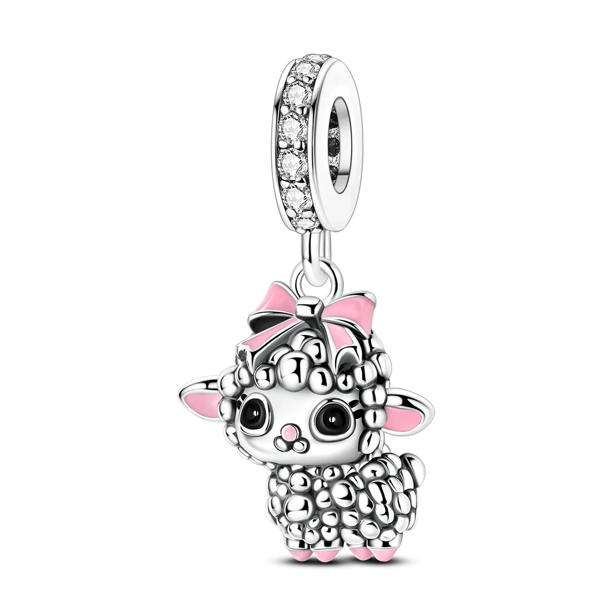 Pingente de ovelha bebé em prata com laço rosa e detalhes em esmalte rosa