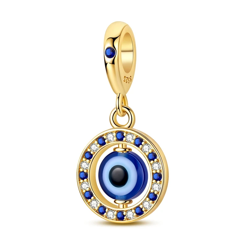 Colar com pendente de Olho Grego em prata com detalhes em azul e zircónias, com corrente snake dourada