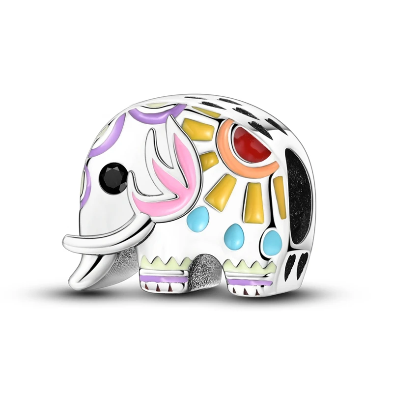 Charm de elefante decorado em prata com padrões coloridos e olho de zircónia preta