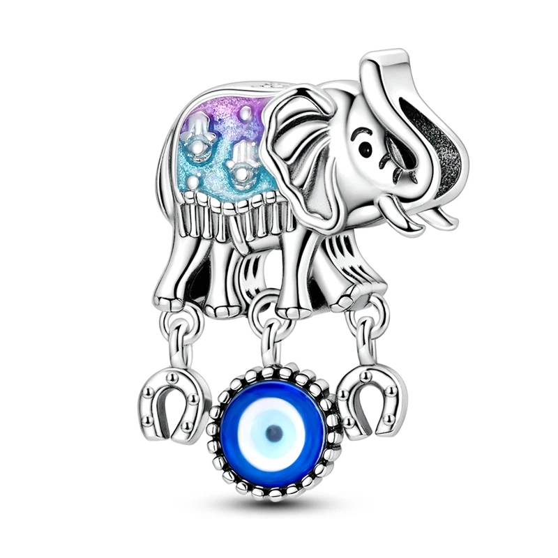 Pendente de prata com elefante, Olho Grego e ferraduras, com detalhes em esmalte.