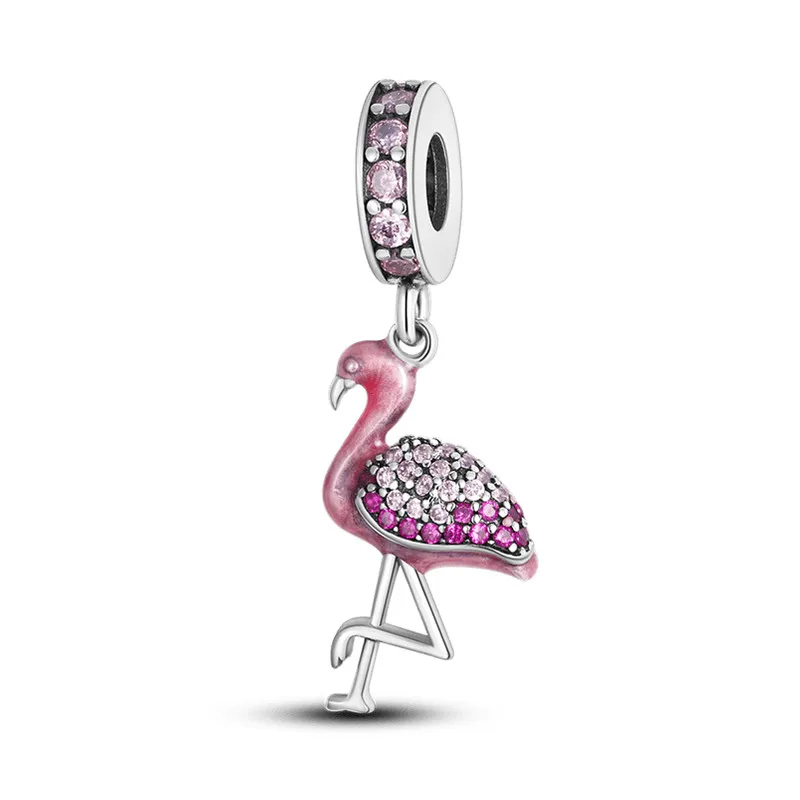 Pingente de flamingo em prata com detalhes em esmalte rosa e zircónias
