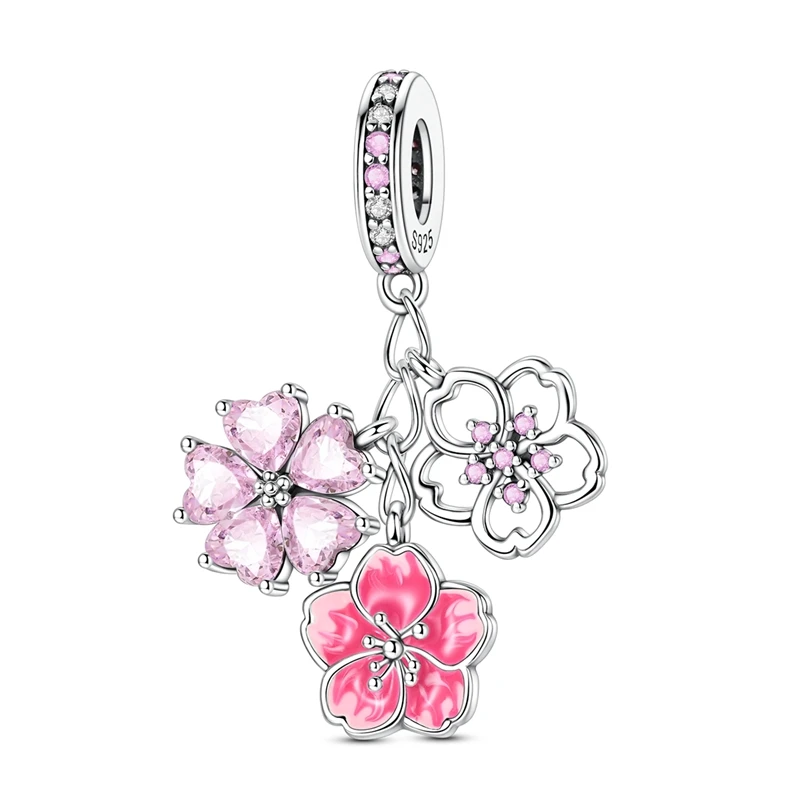 Brincos pendente com múltiplas flores de cerejeira em prata e zircónia, com acabamento polido.