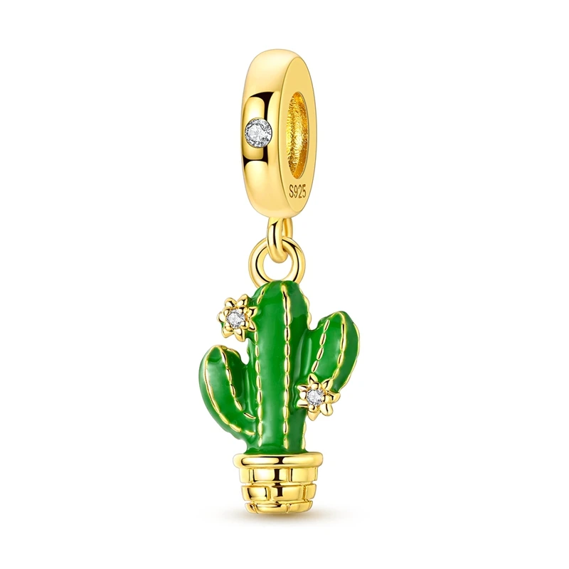 Pingente pendente em formato de cacto verde em vaso dourado com pequenas flores brilhantes, feito de prata polida com zircónia.