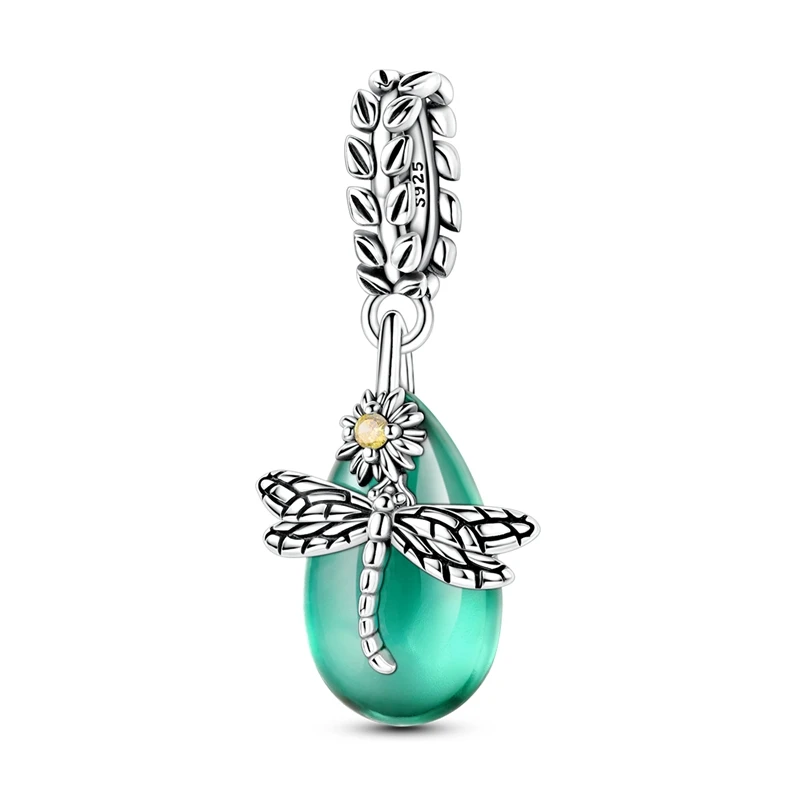 Conta de prata com libélula e flor margarida, com gota verde de zircónia