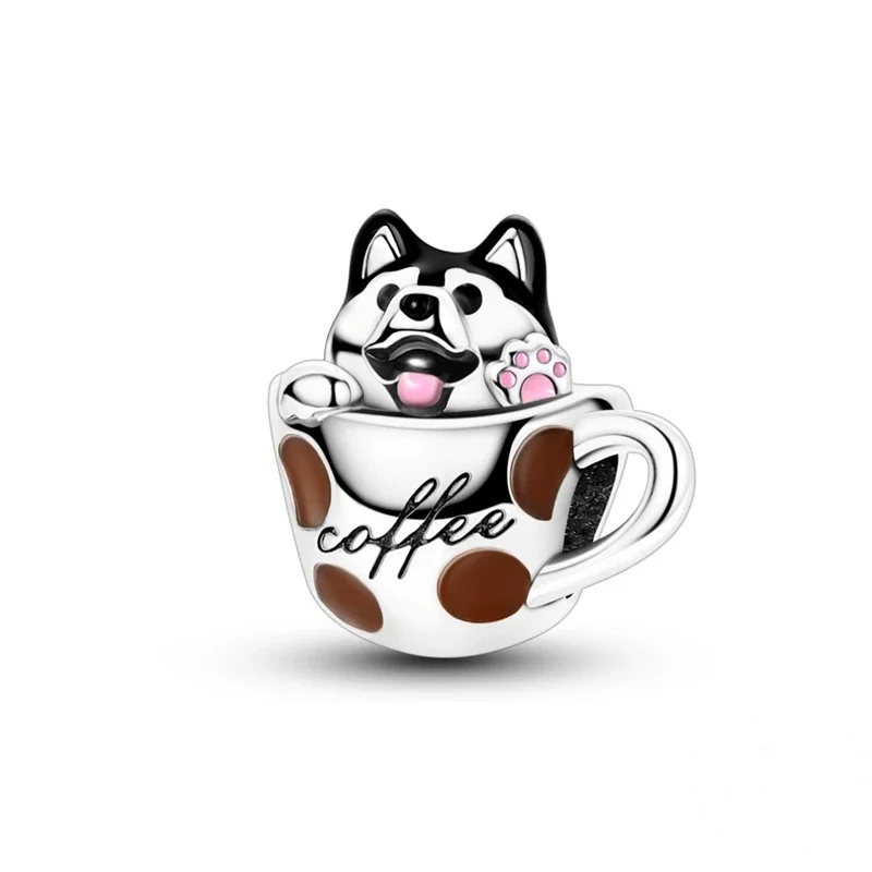 Pendente de cão husky em prata a espreitar de uma chávena de café