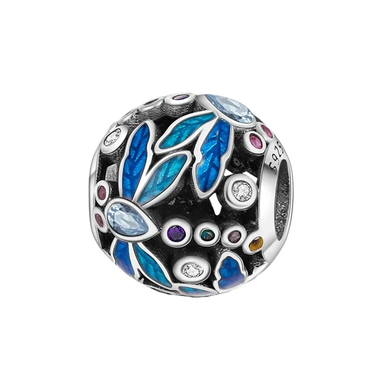 Conta de pulseira em prata polida com libélula esmaltada em azul e corpo em zircónia lapidação pera